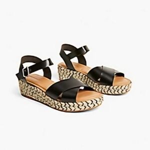 Dream Cloud Faux-Leather Cross Strap Espadrille Wedge 9W Black